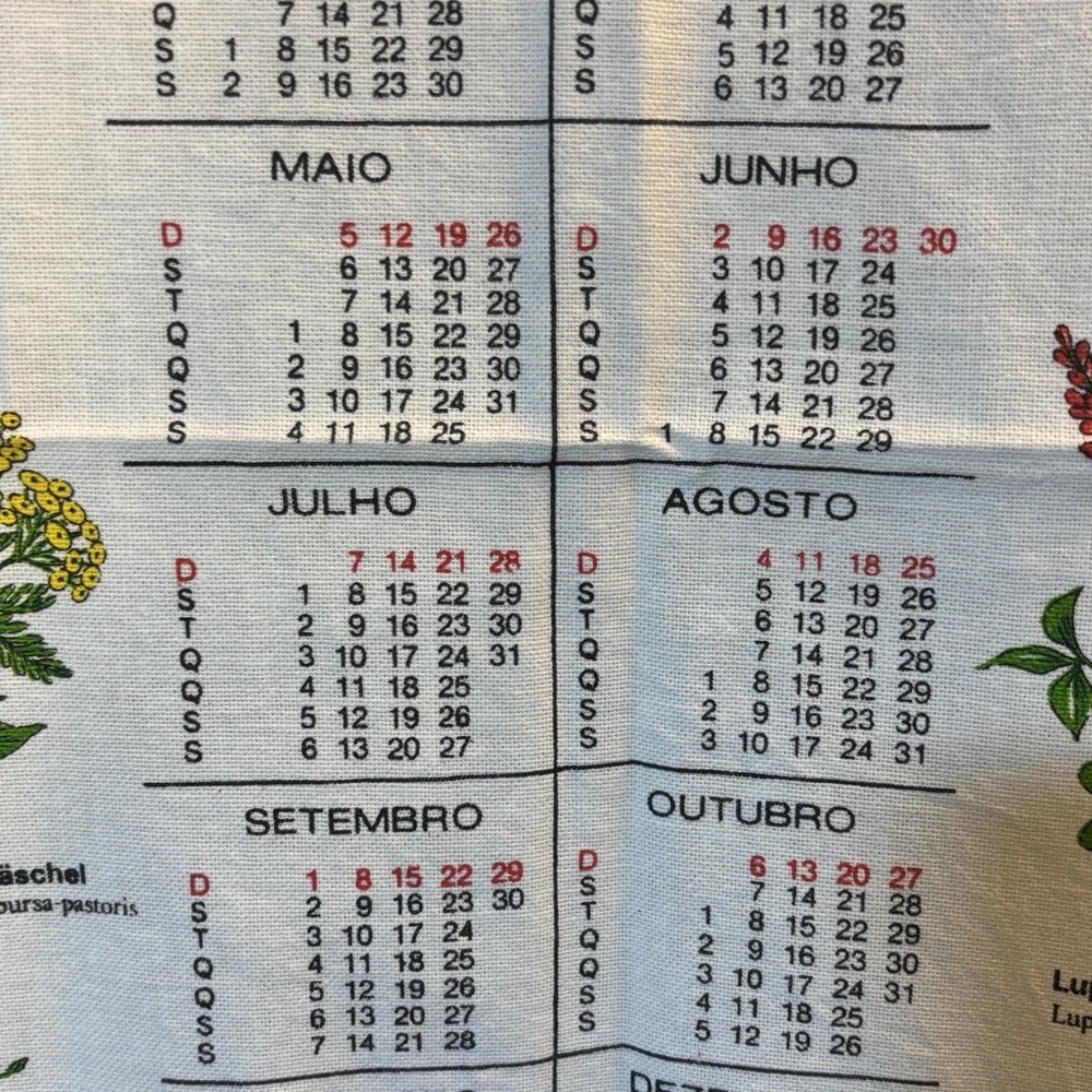 1985 Vintage Portuguese Linen Cloth Calendar Tea Towel Wall Hanging Flowers Rare - Picture 9 of 15